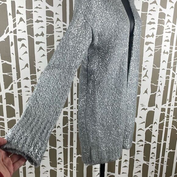 Silver Metallic Painted Wool Blend Longline Open Front Cardigan Sweater S - Picture 2 of 8